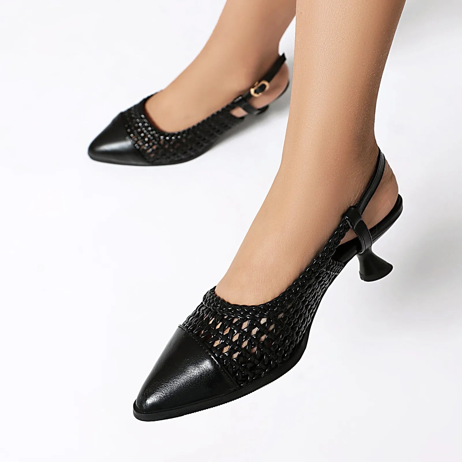 Women's black cat heel sandals with hollow-out design and buckle fastening