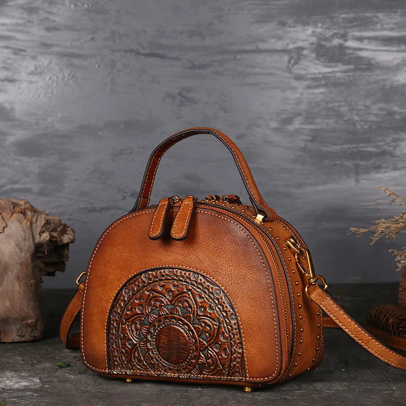 Vintage suede leather handbag in Bean Shahong colour showing internal ID pocket and mobile phone compartment.