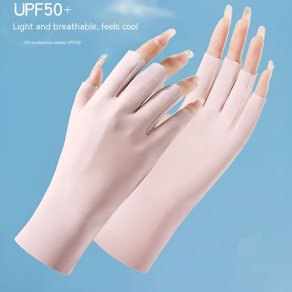 Thin beige women's sunscreen gloves with UPF50+ protection on a hand.