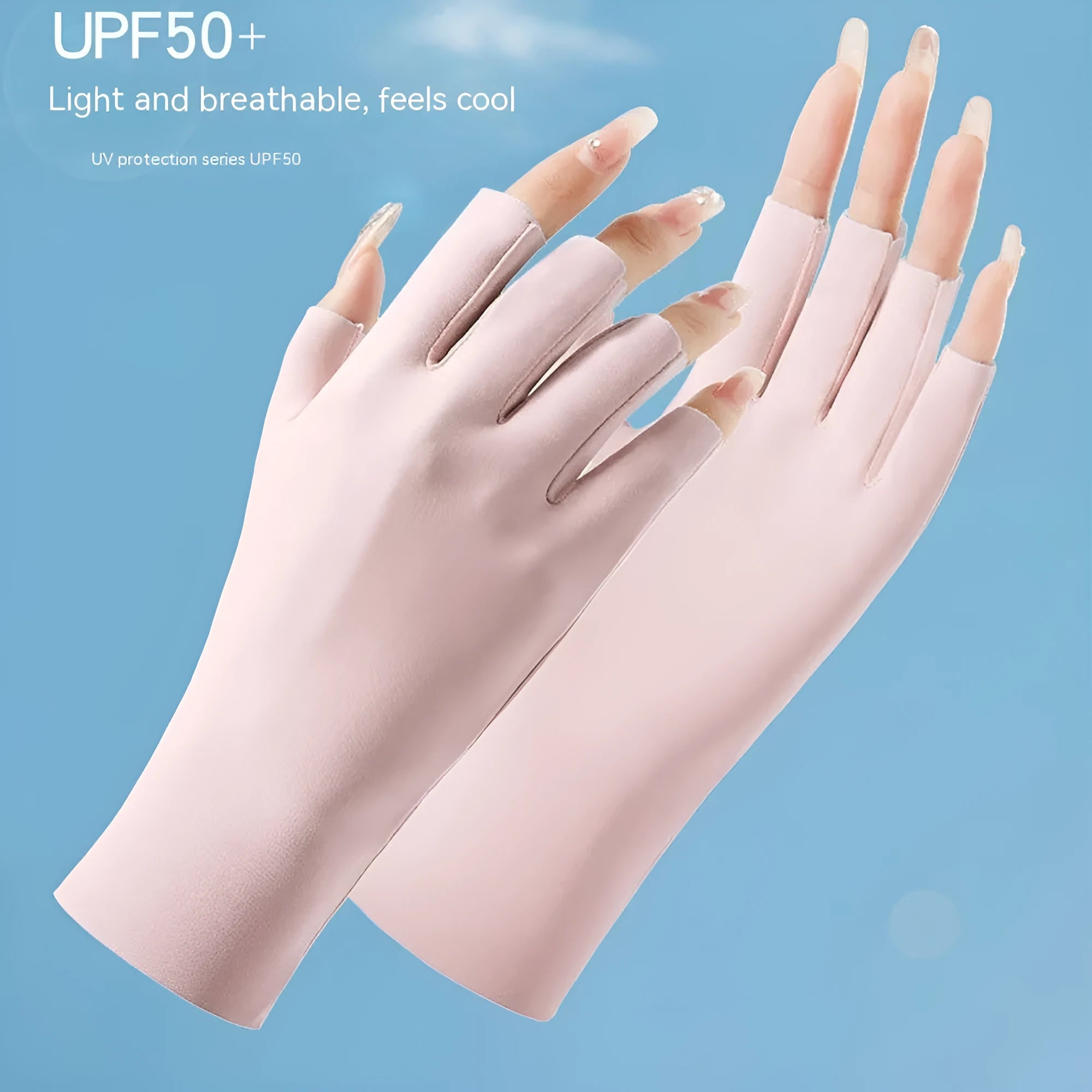 Thin beige women's sunscreen gloves with UPF50+ protection on a hand.