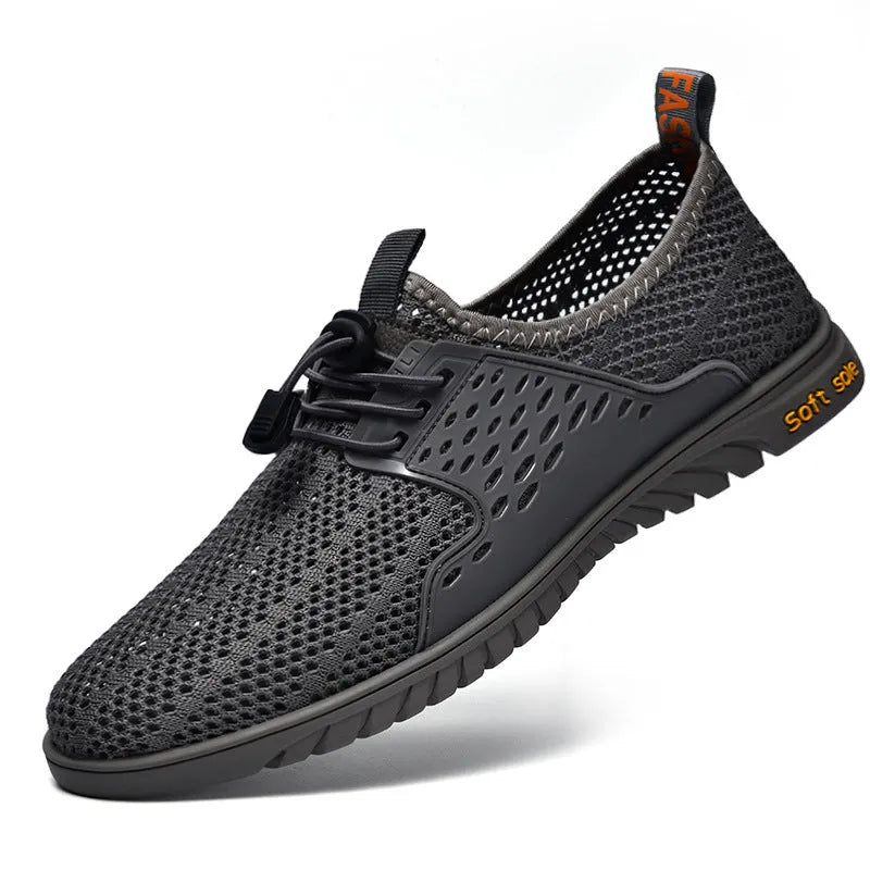 Men's black mesh casual sports shoes with elastic band and rubber sole