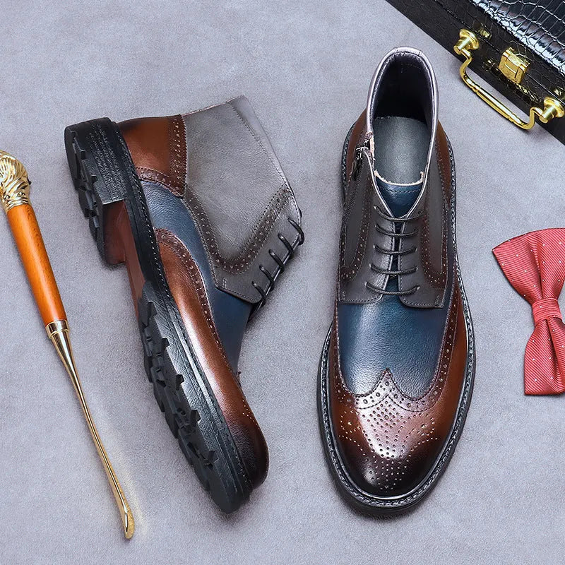 Curry blue leather brogue boots with colour blocking and carved detailing