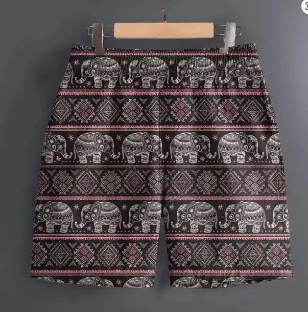 Men's striped and camouflage pattern casual polyester shorts for outdoor sports, shown in sizes S to 5XL.