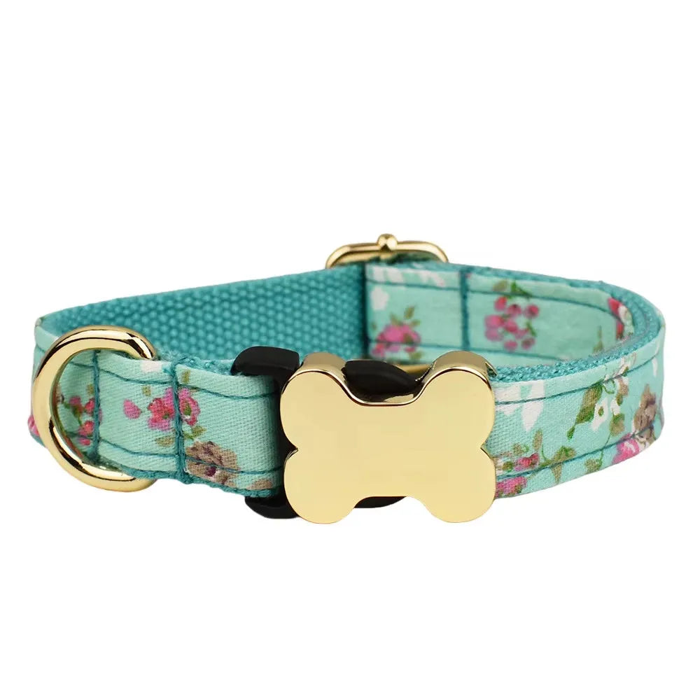 Nylon dog collar with printed grid pattern and bone-shaped metal buckle in multiple colour options