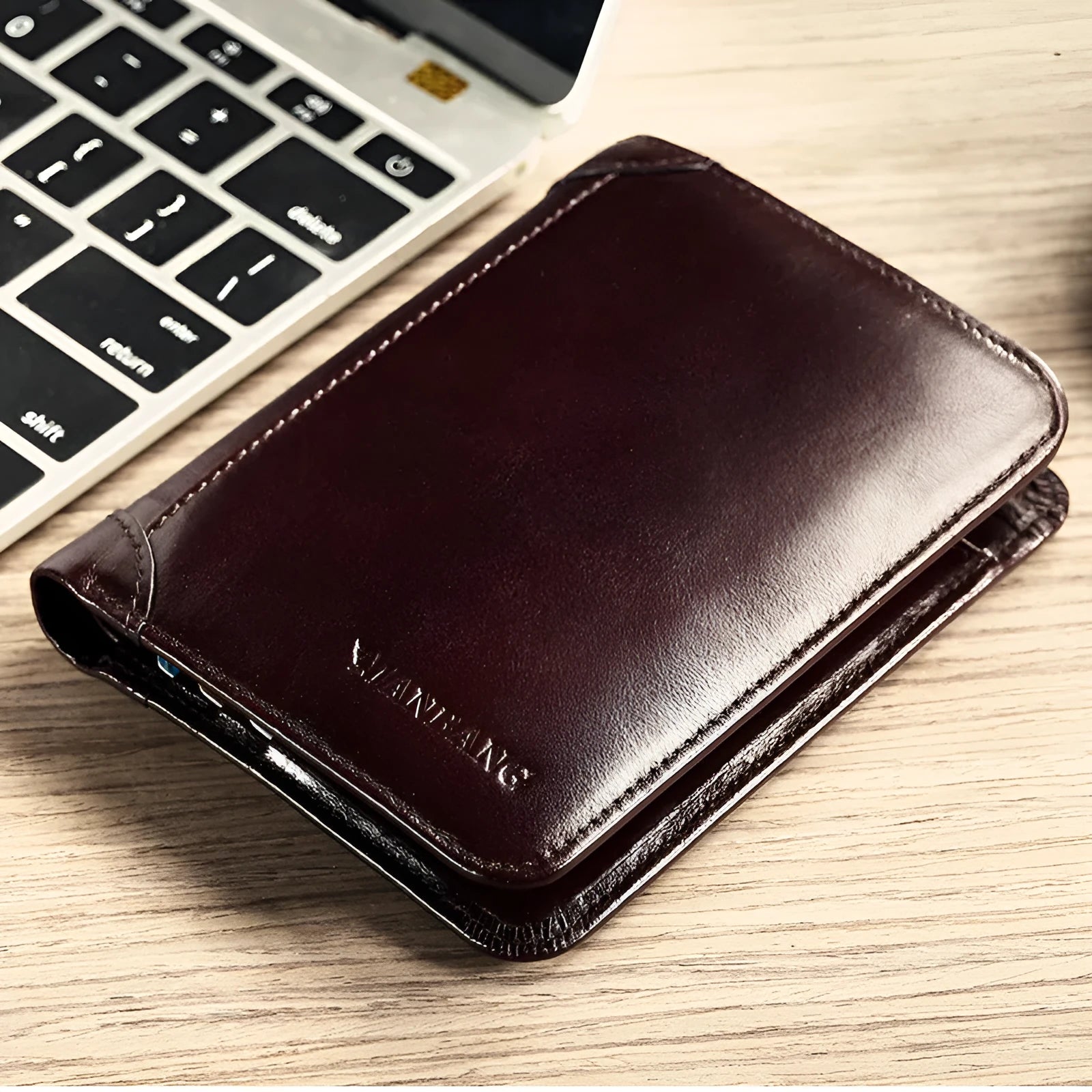 Men's leather wallet showing internal card slots, coin compartment, and document section