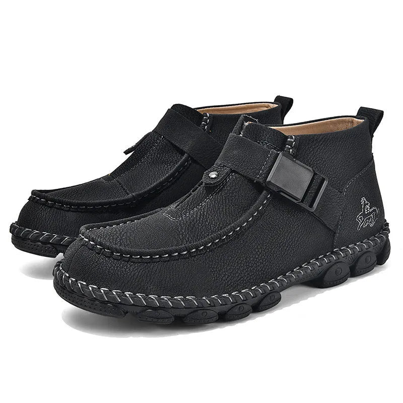 Handmade stitching casual slip on shoes in synthetic leather with flat bottom and low heel