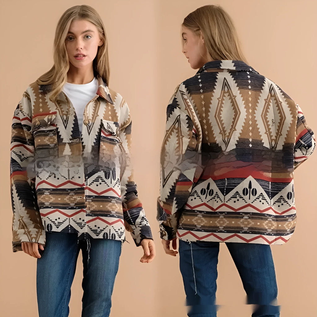 Women's loose fit retro jacket with Aztec pattern in Army Green, woolen fabric with long sleeves