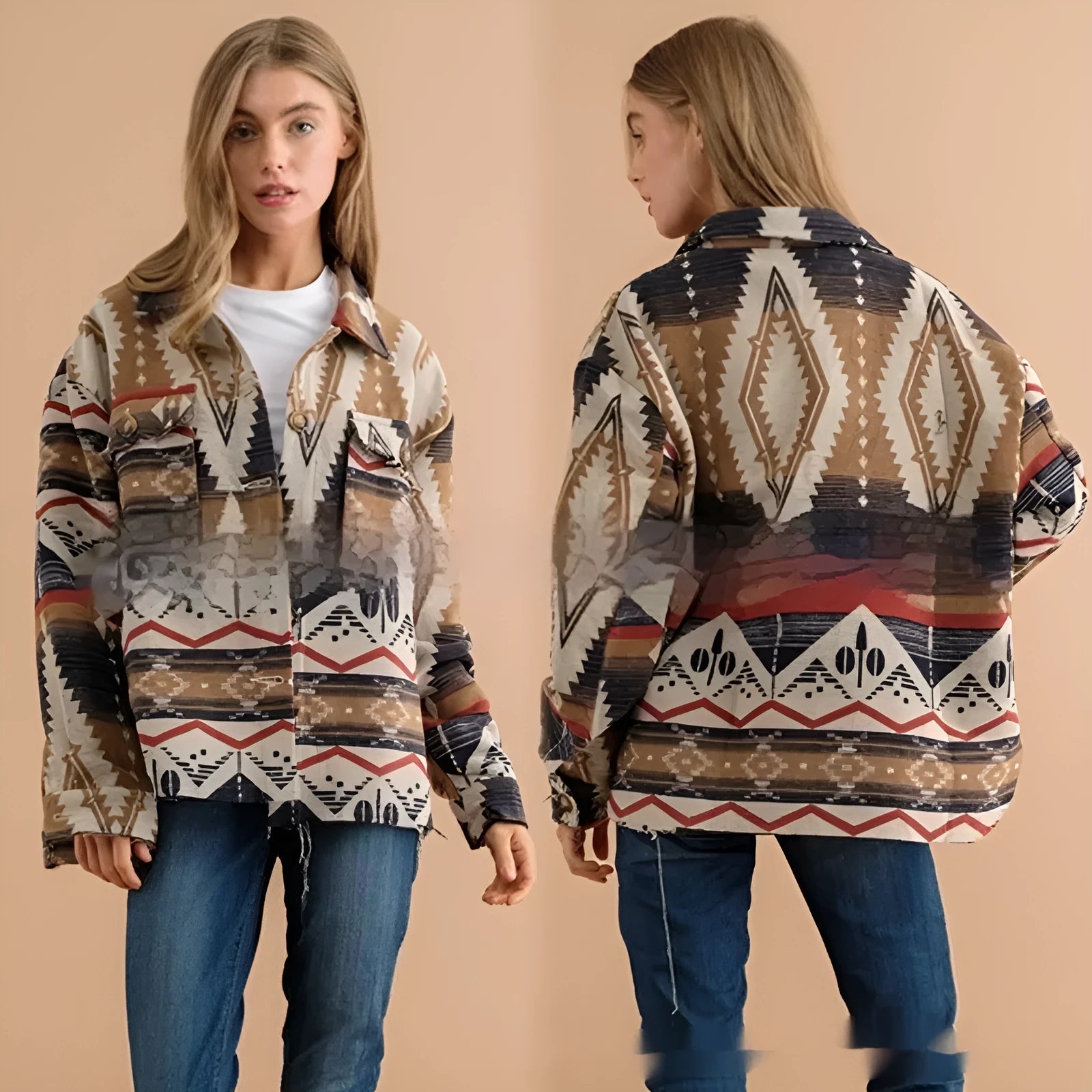 Women's loose fit retro jacket with Aztec pattern in Army Green, woolen fabric with long sleeves