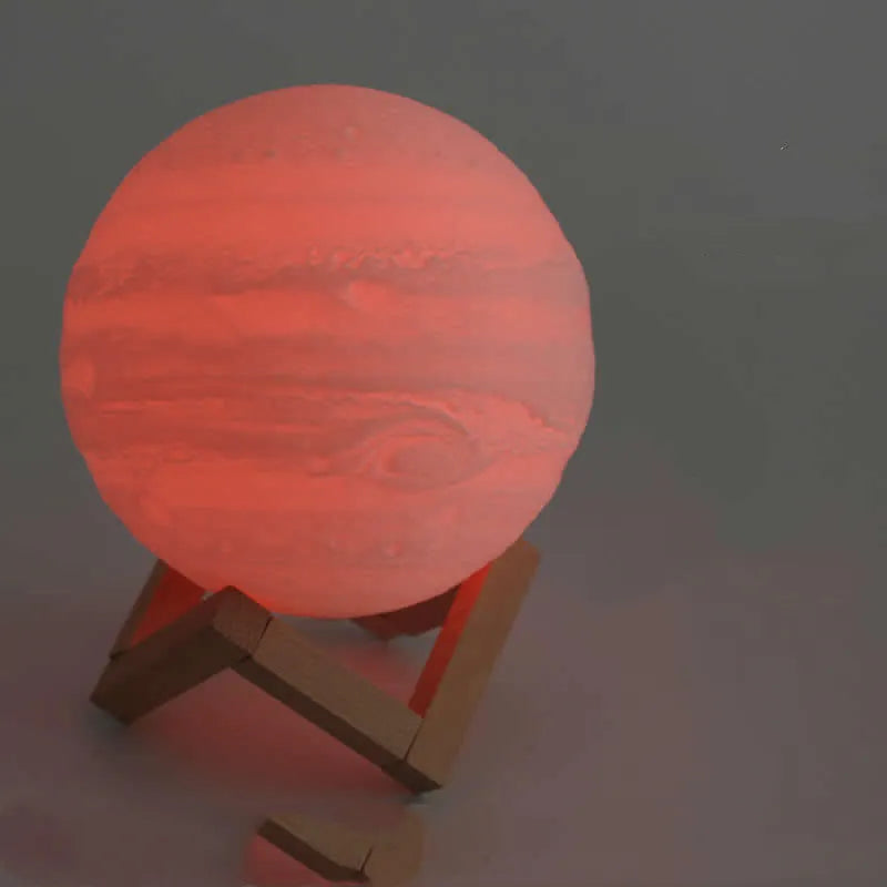 3D printed white moon lamp on wooden stand with touch metal ring at base