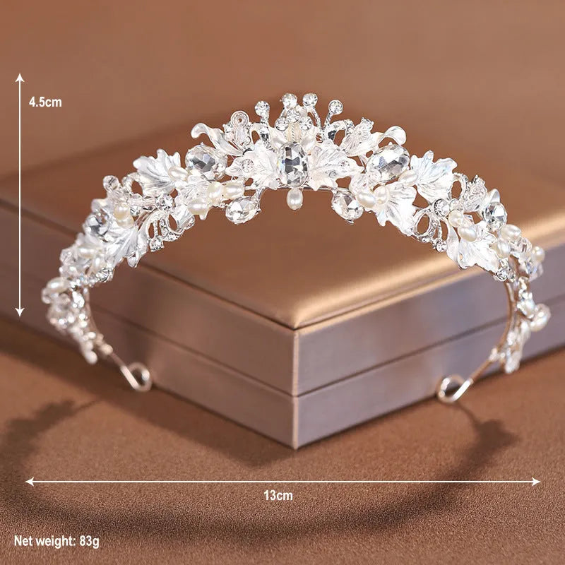 Women's pearl crown headdress with electroplated alloy construction in gold or silver colour