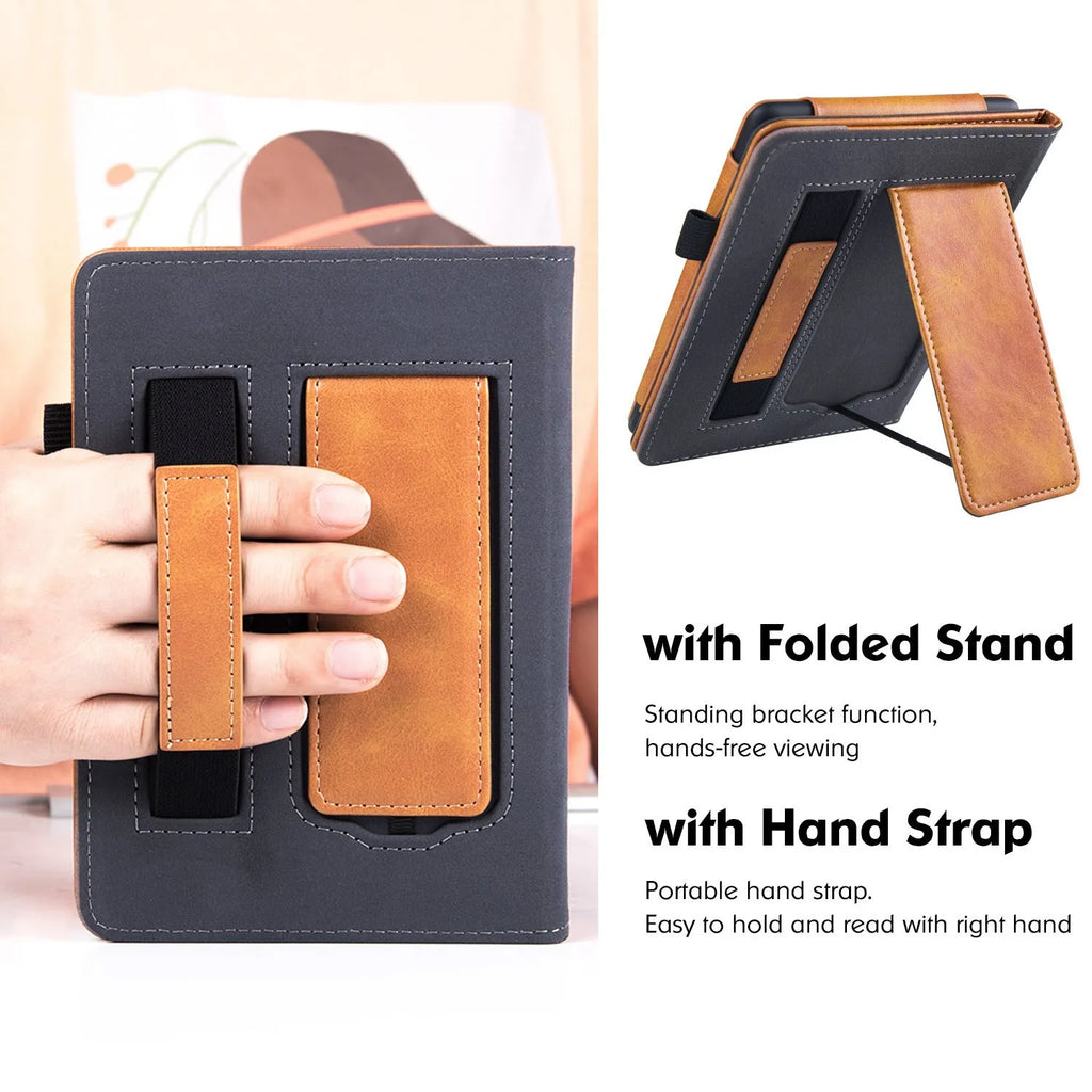 Kindle Paperwhite 5 leather case showing hand strap bracket and magnetic closure in a choice of colours and designs.
