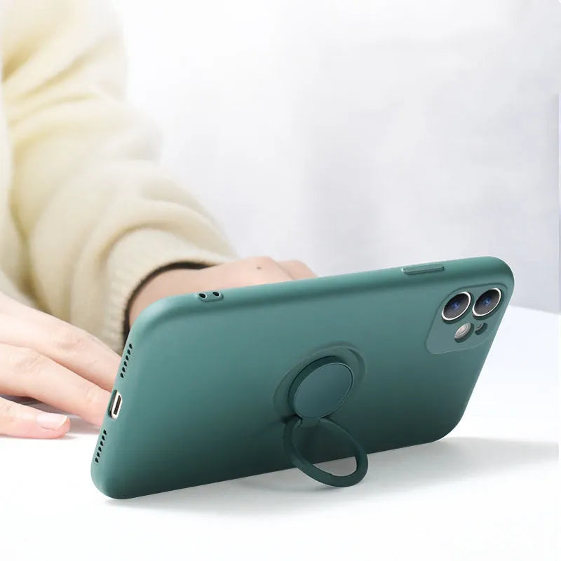 Liquid silicone phone case with a flip-out bracket for Apple iPhone 12, shown in a choice of colours.