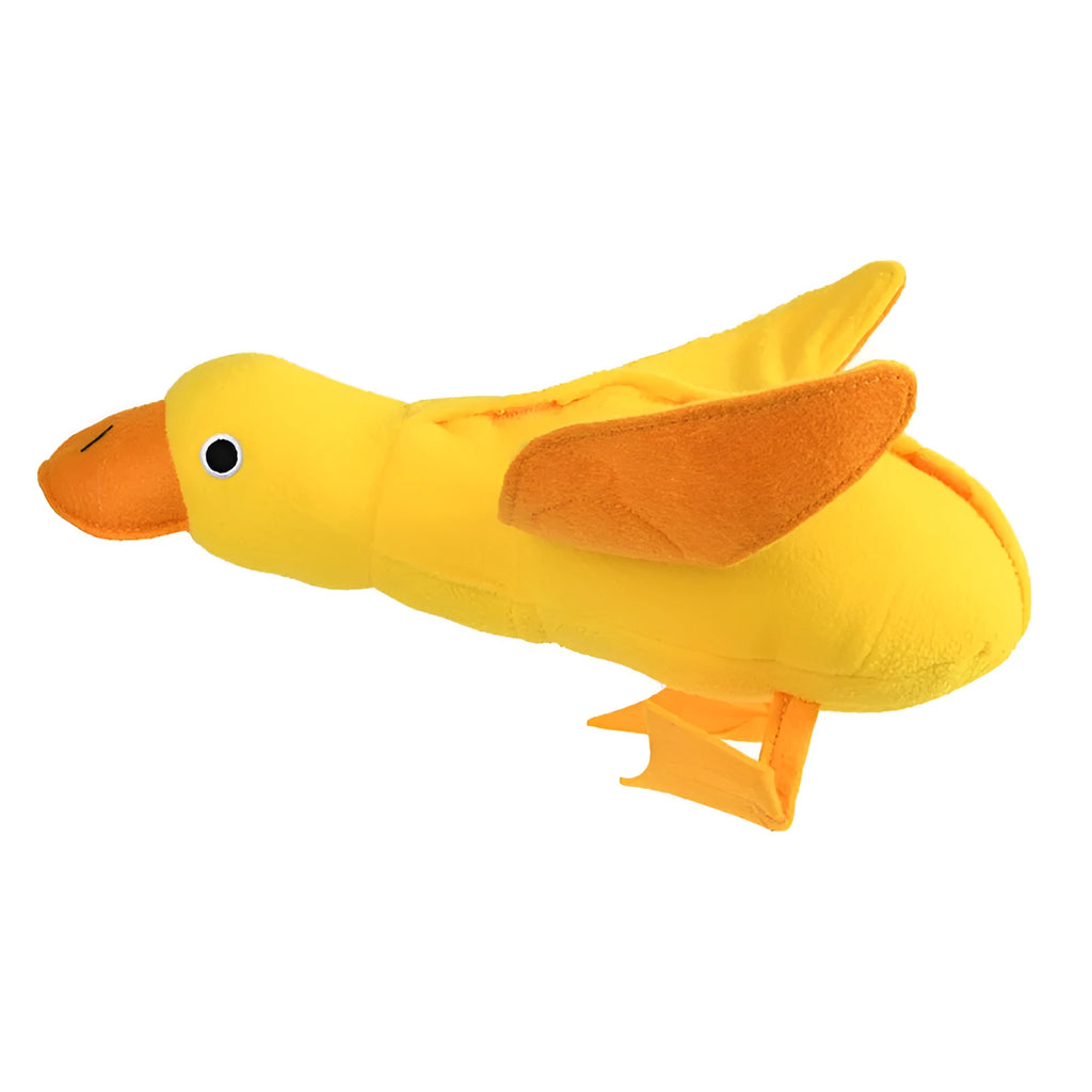 Yellow plush duck dog toy with treat holes and sound module for training and chewing