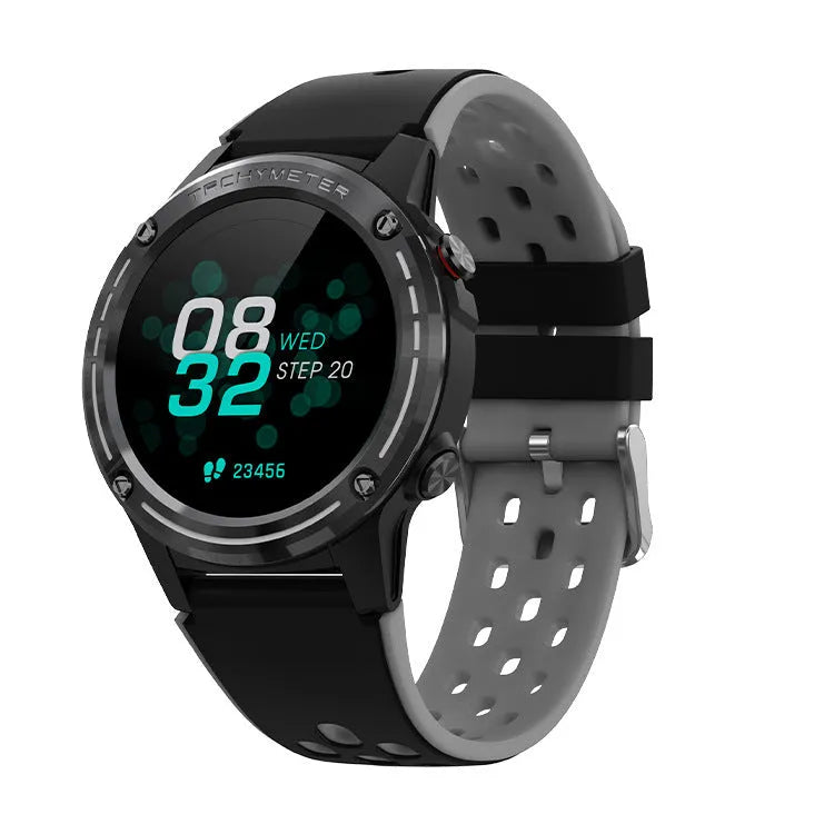GPS smart sports watch with silicone strap in multiple colours showing 49mm dimensions