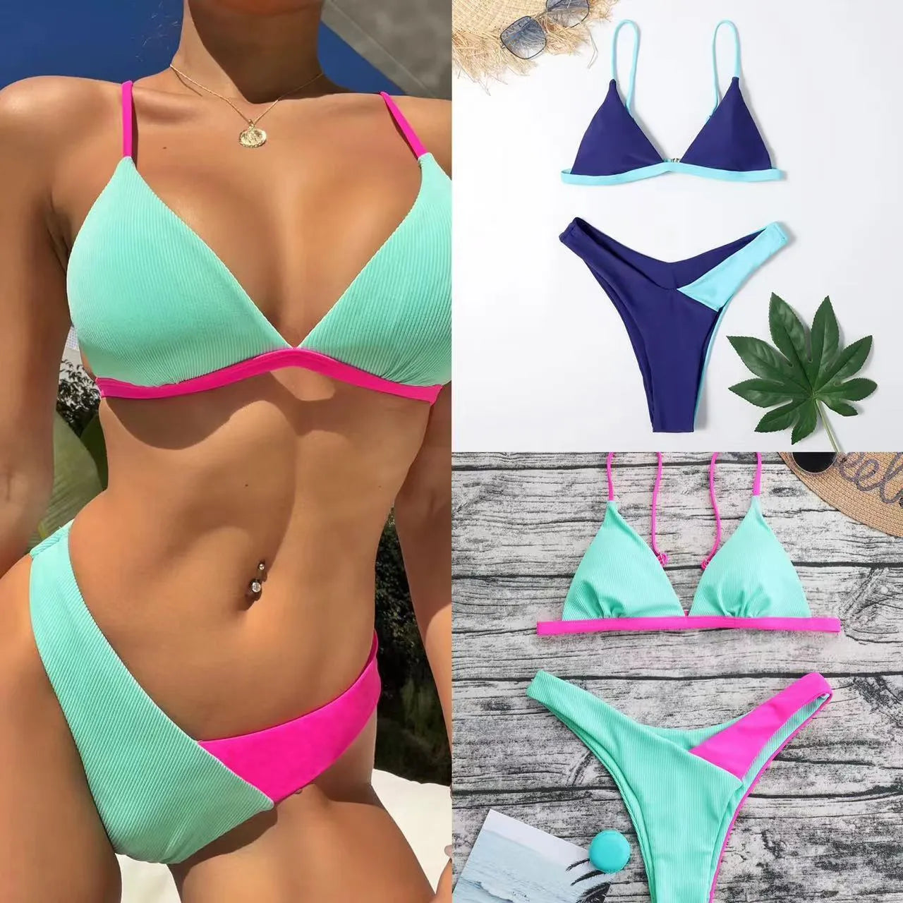 Women's nylon swimsuit briefs set with matching bra in European and American style