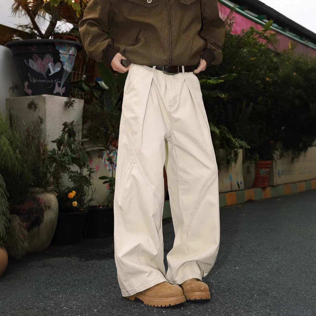 Men's pleated straight trousers in three colours with elastic waistband