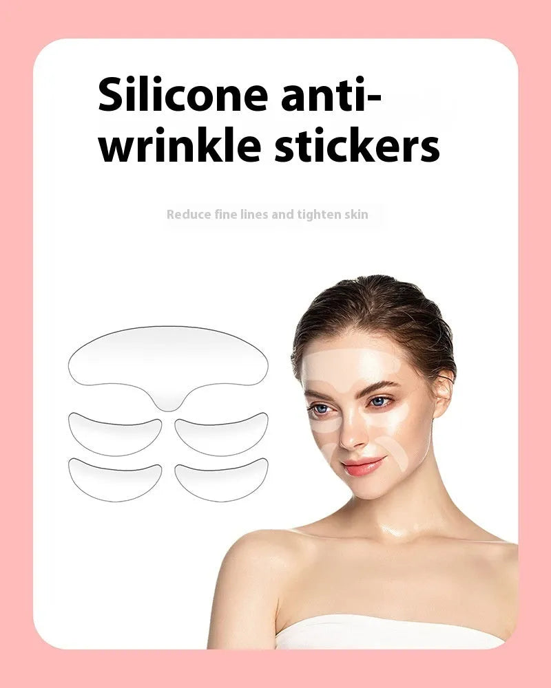 Five clear silicone anti-wrinkle face patches for forehead and eye area on white background
