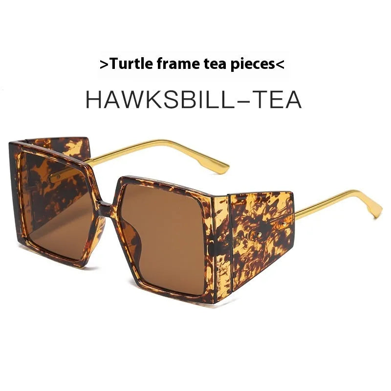 Large square frame sunglasses shown in multiple colour options including black, blue, and tortoiseshell.