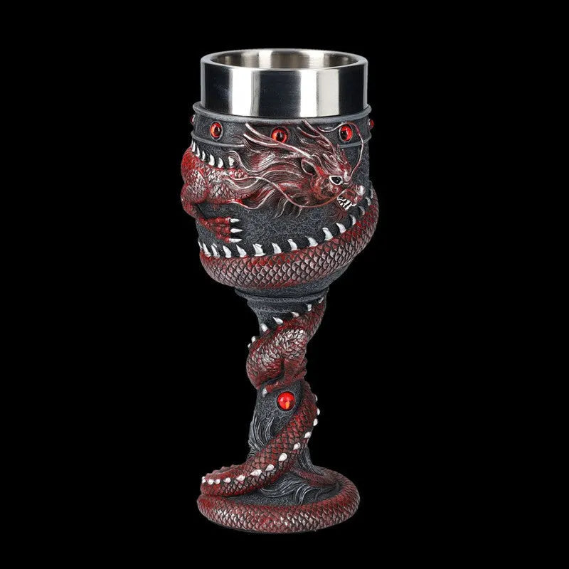 Red wine glass with gold Chinese dragon design on stainless steel stem.
