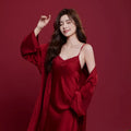 Red ice silk polyester wedding dowry pyjama set for men and women with long sleeves and trousers