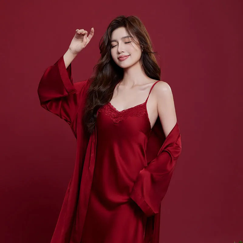 Red ice silk polyester wedding dowry pyjama set for men and women with long sleeves and trousers