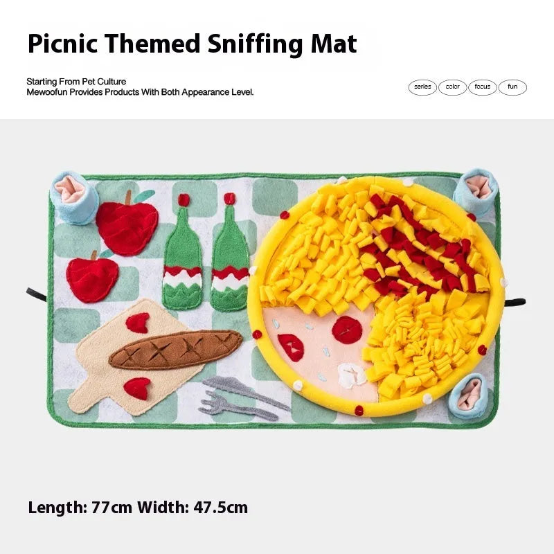 Themed dog sniffing mat with food hiding design for canine enrichment activities