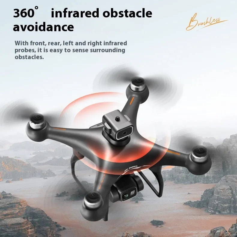 Black HD brushless quadcopter drone with four obstacle avoidance sensors and camera