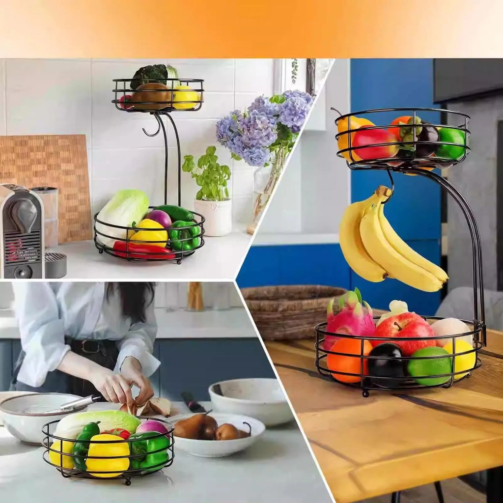 Black and gold double-layer wrought iron fruit and vegetable storage basket for commercial kitchens