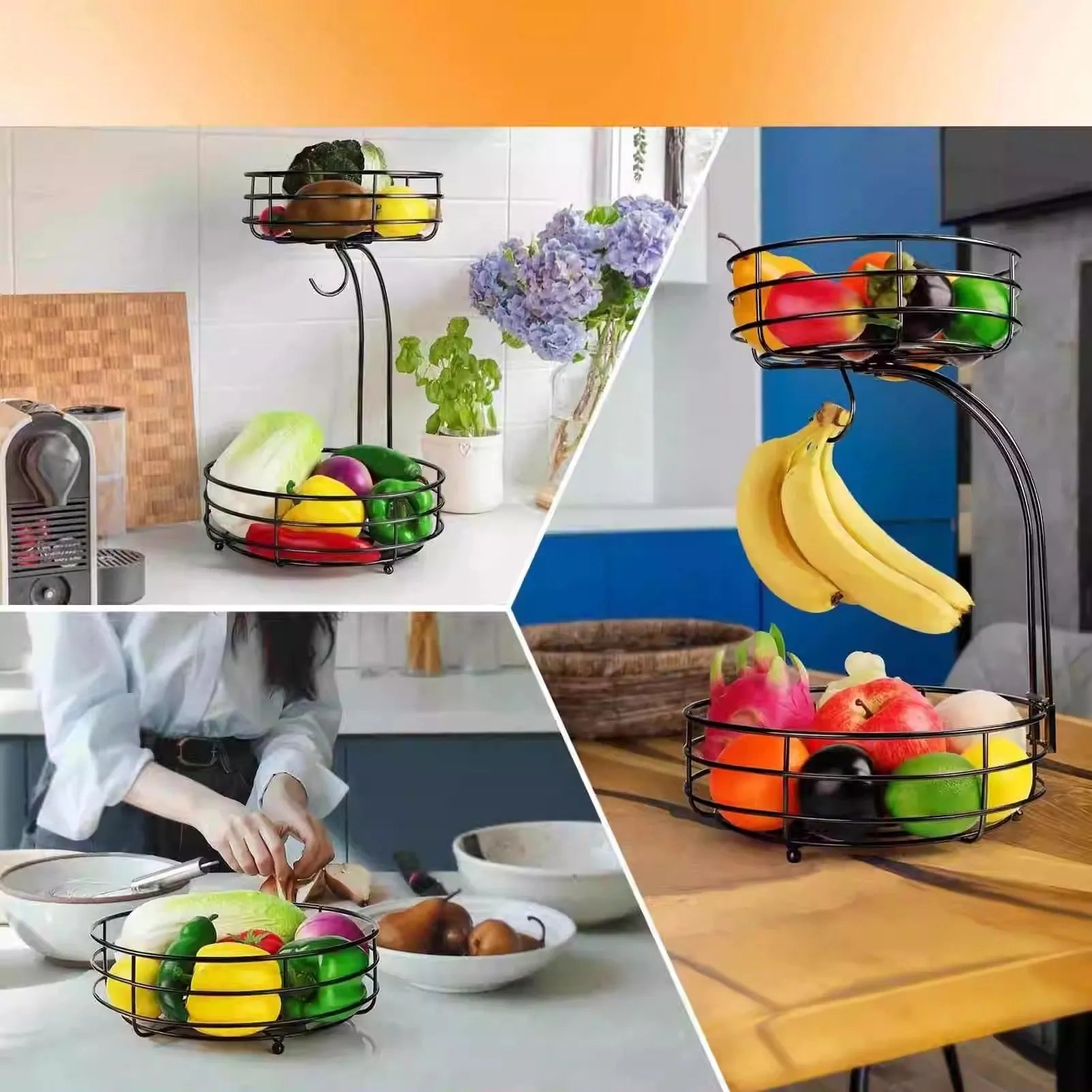 Black and gold double-layer wrought iron fruit and vegetable storage basket for commercial kitchens