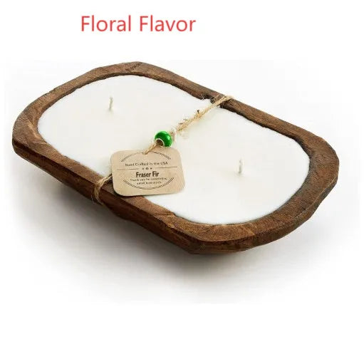 Lavender soy wax candle in wooden basin container with three wicks