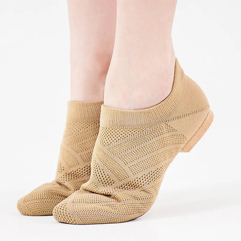 Camel colour Latin dance shoes with cotton mesh upper and leather sole for contemporary dance