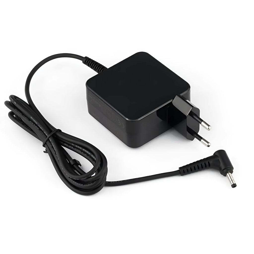 Black 45W laptop power adapter with EU and US plug options showing DC connector