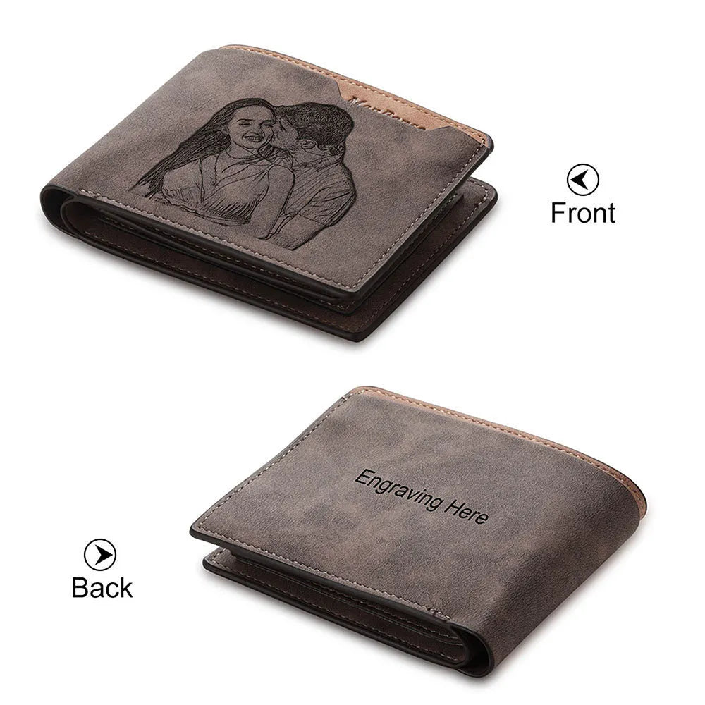 Coffee coloured engraved horizontal short wallet with photo personalisation