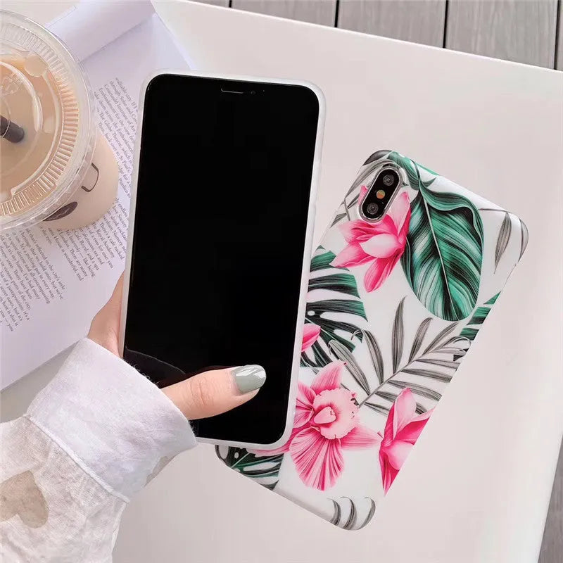 Pink flower patterned iPhone case with floral back cover design on TPU material