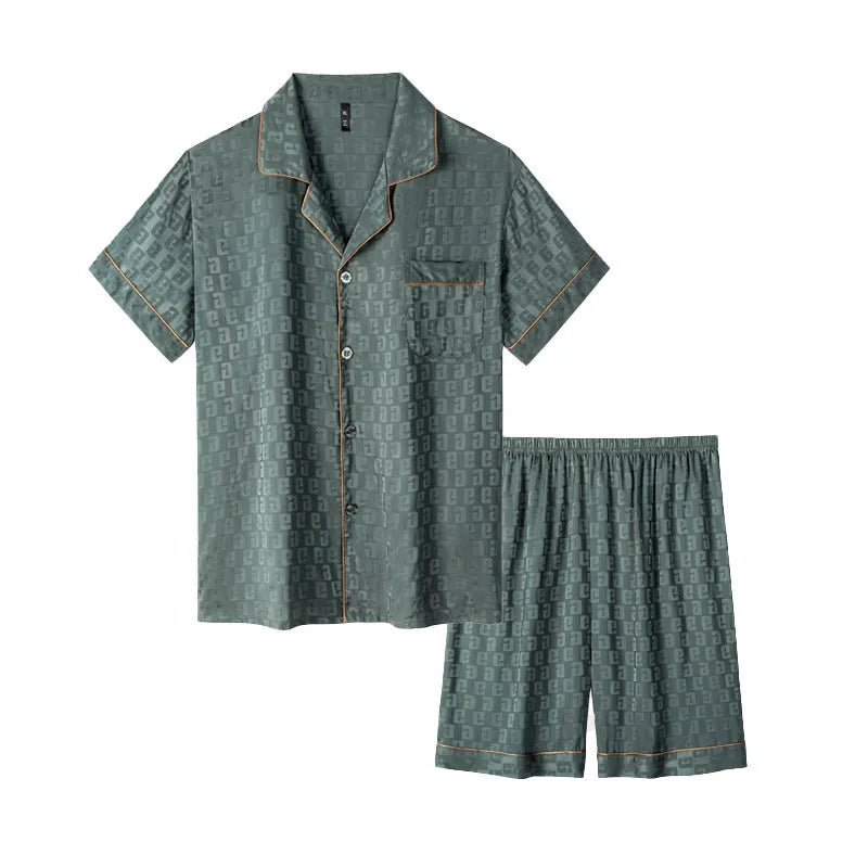 Men's ice silk pajama cardigan set with shorts in lightweight artificial silk fabric with satin jacquard plaid pattern