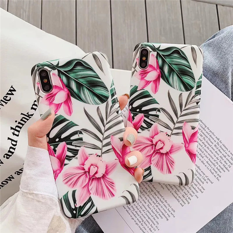 Pink flower patterned iPhone case with floral back cover design on TPU material