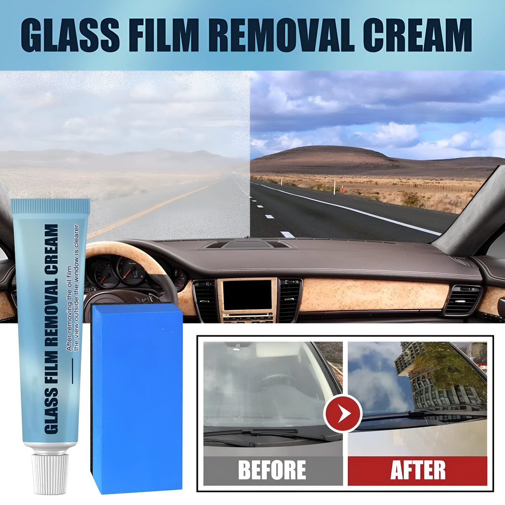 Blue car glass oil film remover tube and soft sponge applicator for windshield cleaning.