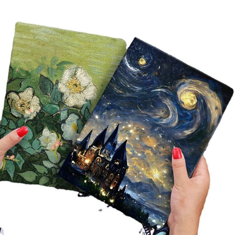 Handmade liquid silicone flip case for iPad shown in Apricot Flower decorative theme.