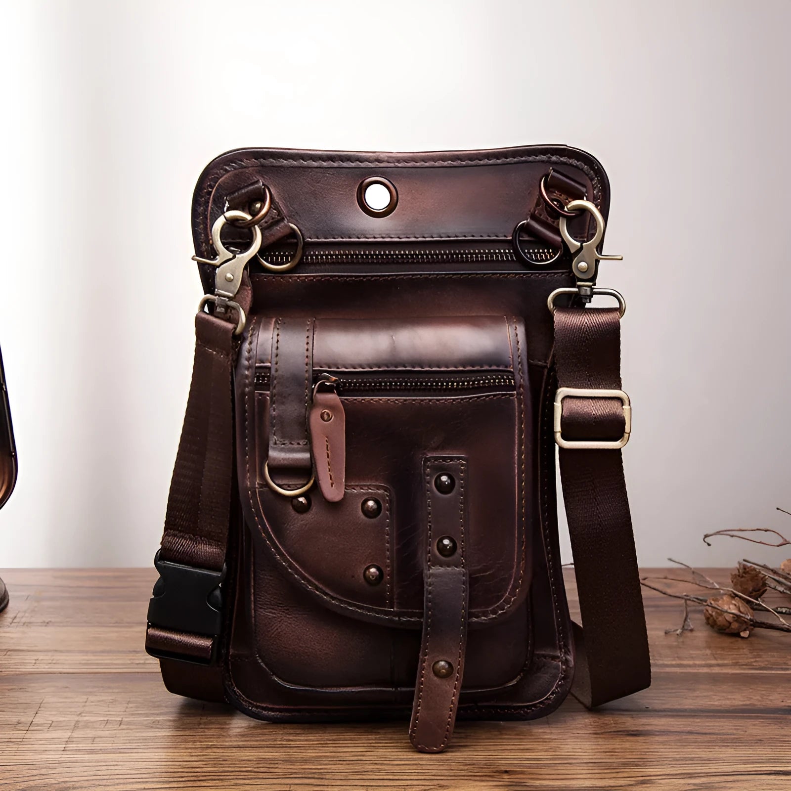 Men's genuine leather punk fanny pack with phone and ID pockets in multiple colour options