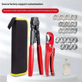 Red cloth case containing a single metal PEX clamp tool with a carbon steel cutting edge.