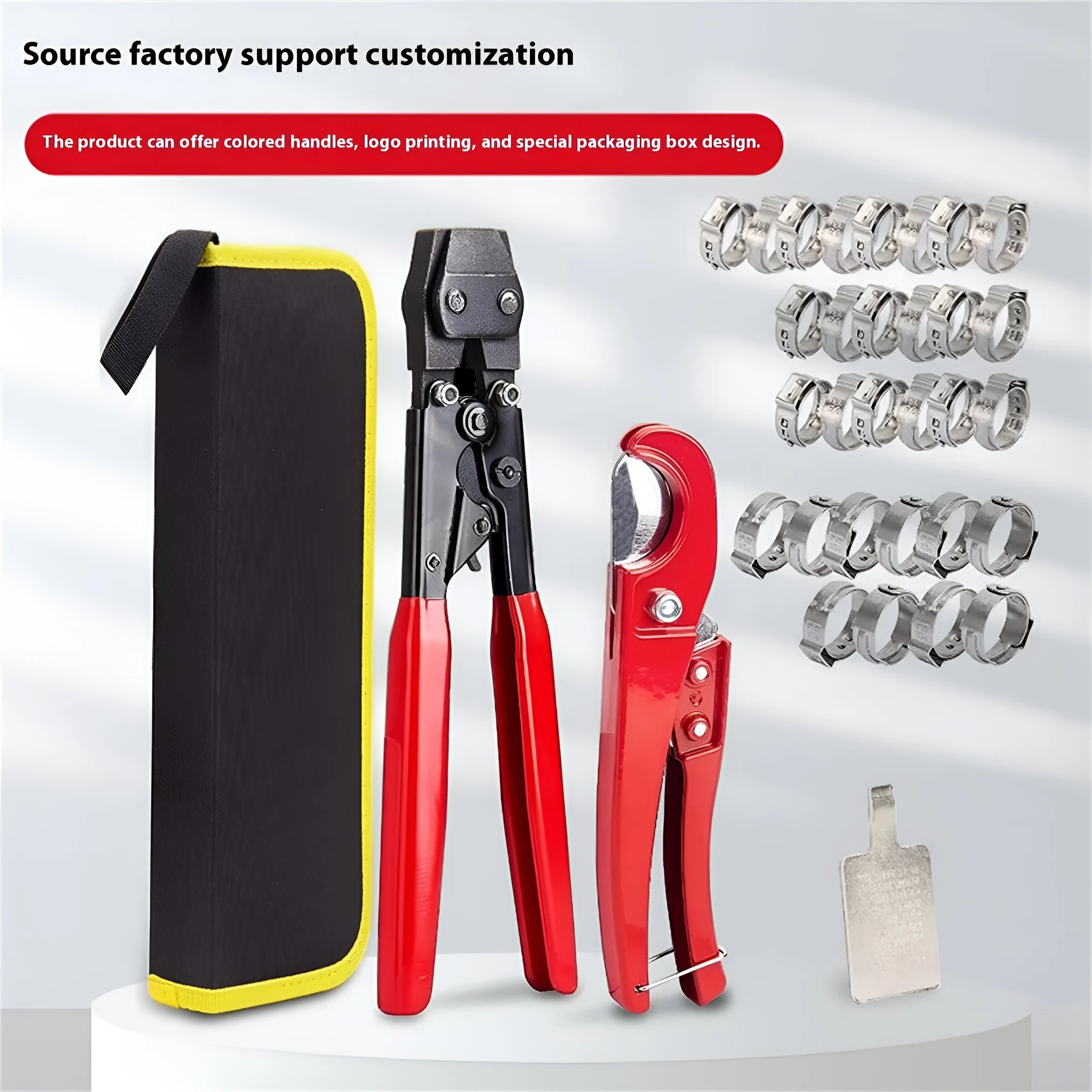 Red cloth case containing a single metal PEX clamp tool with a carbon steel cutting edge.