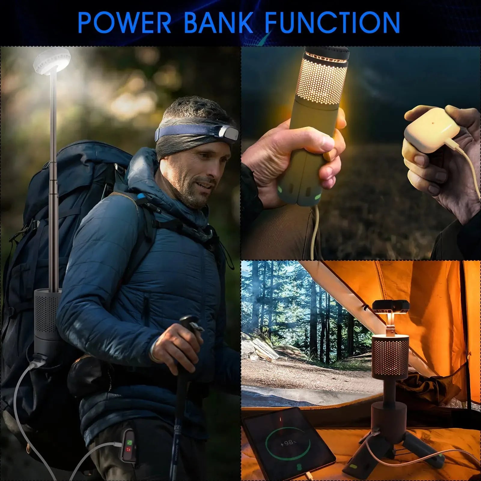 Portable LED camping lantern in off white or dark gray with button switch
