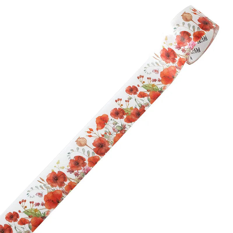 Roll of vintage floral watercolour decorative paper tape with Japanese paper backing, showing 2m length.