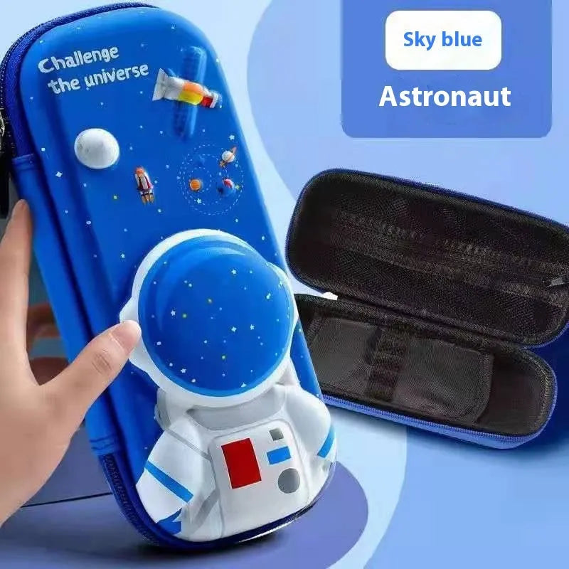 3D leather pencil case in a box shape showing one of the available design options such as a spaceship or unicorn
