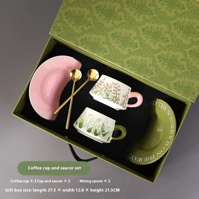 Ceramic coffee cup and saucer set for couples with stirring spoons in Campanula or Lanling Grass designs