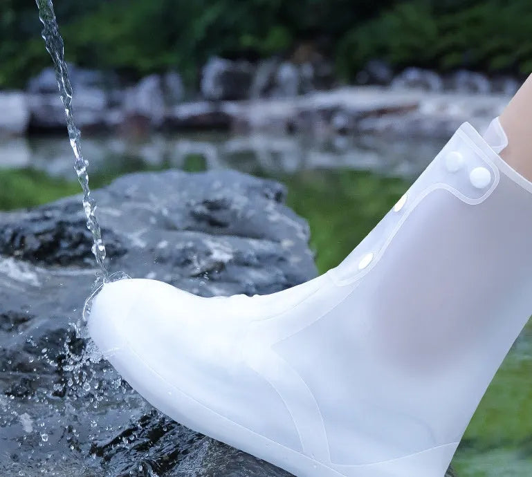 Women's white PVC high-top waterproof shoe covers with anti-skid soles for rainy day outdoor use