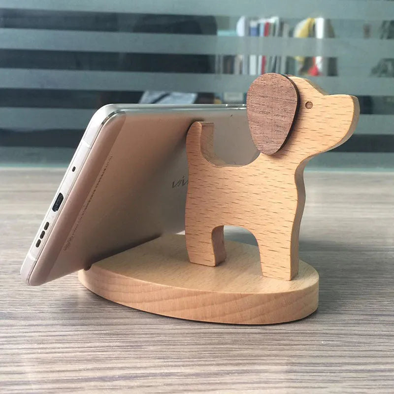 Solid beech wood mobile phone holder with detailed resin animal carving in choice of 22 animal styles