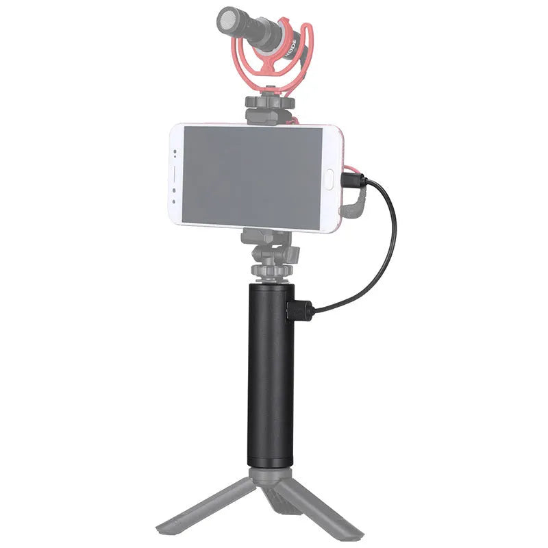 Black aluminium alloy portable power bank with a carry handle showing size of 12.5cm