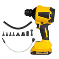 Yellow rechargeable lithium battery dust gun with adjustable power settings on a workbench.