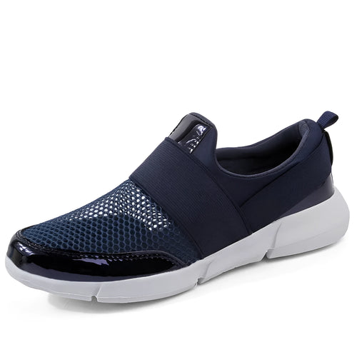 Low-top women's casual sneakers in blue with mesh upper and colour-block design.